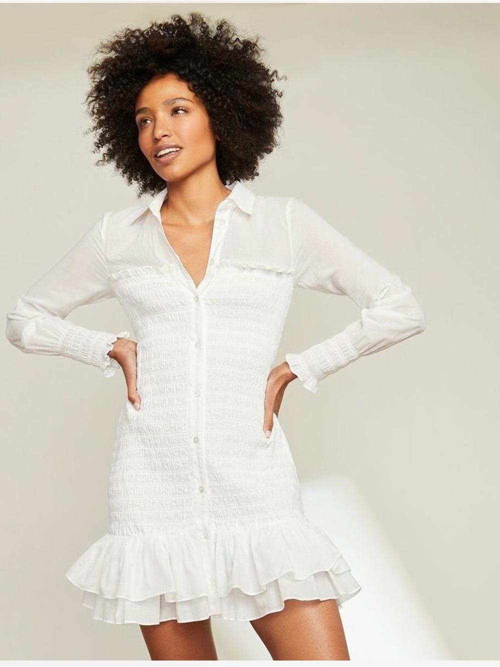 White Veronica Beard ruffle button down dress
